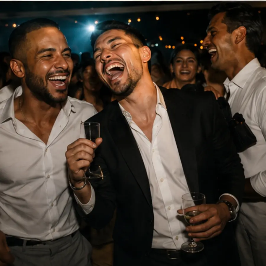Two friends laughing together at a lively late-night afterparty