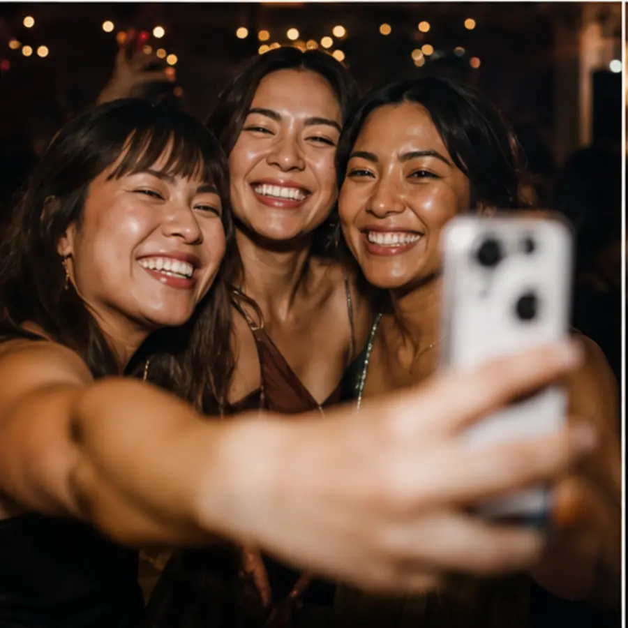Three close friends taking a spontaneous joyful selfie