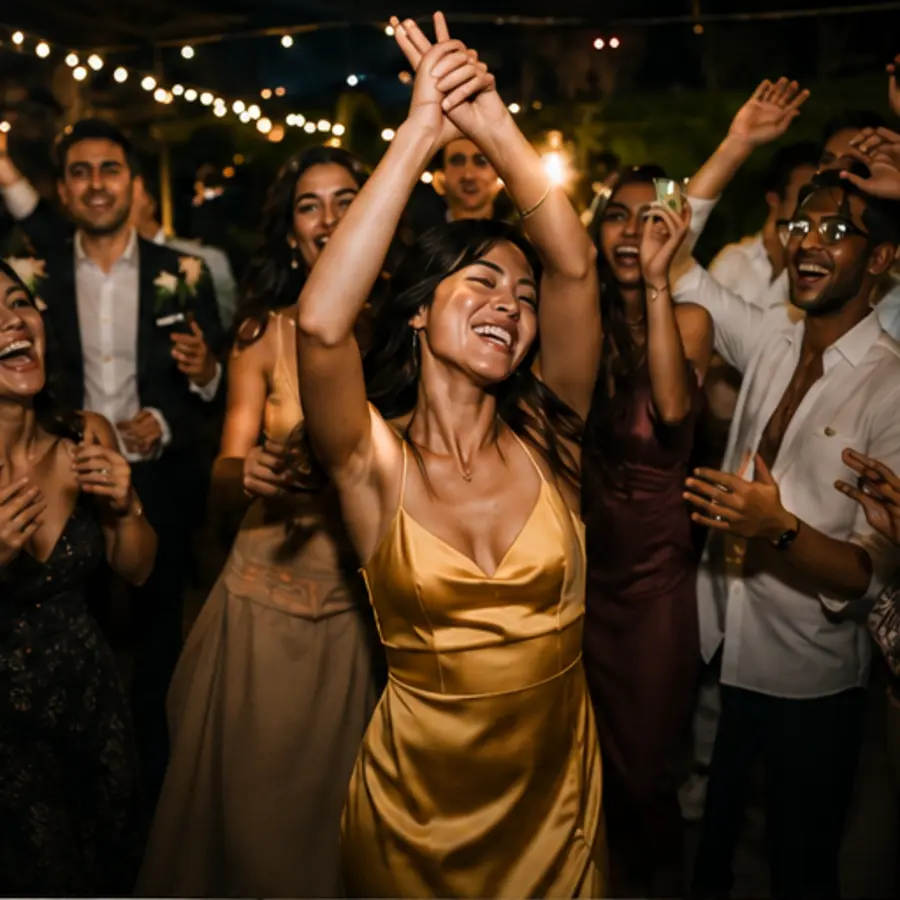 Joyful guests celebrating together beneath warm lights