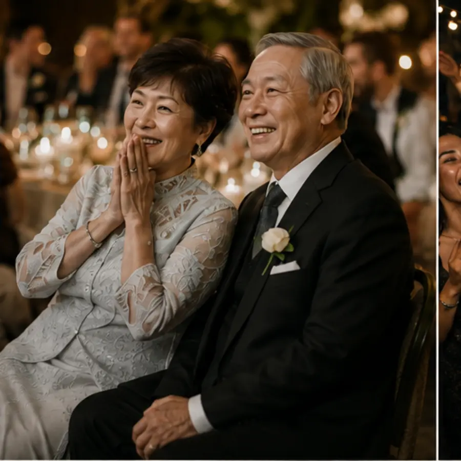 Proud older parents reacting warmly during a wedding reception