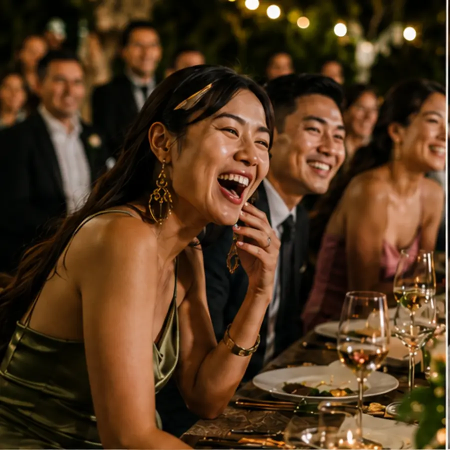 A guest laughing with friends at a candlelit wedding dinner